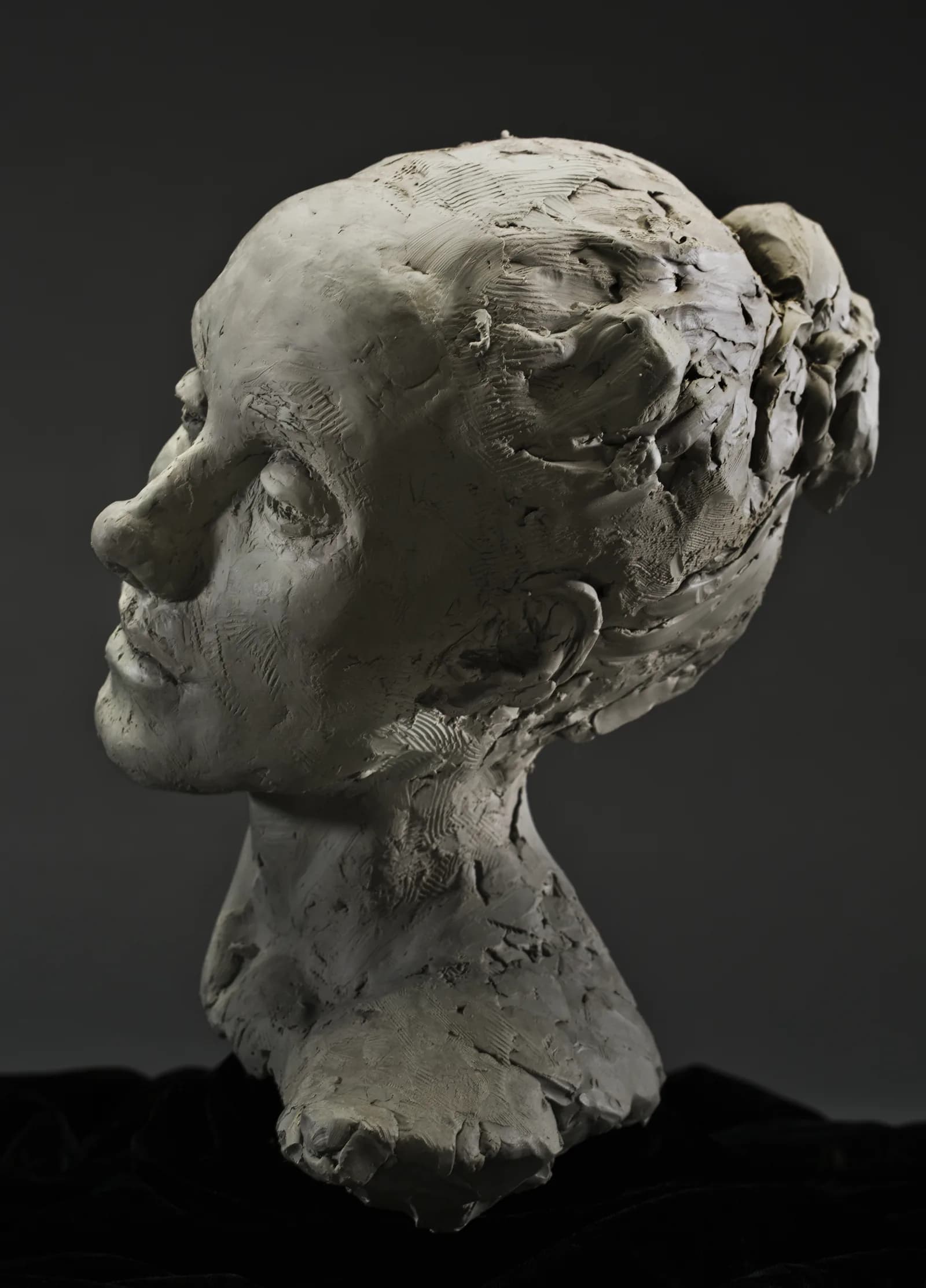 Sculpted head seen in profile against a dark ground.