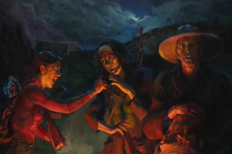Painting of figures gathered around a low fire at night, lit warm against a dark hillside.