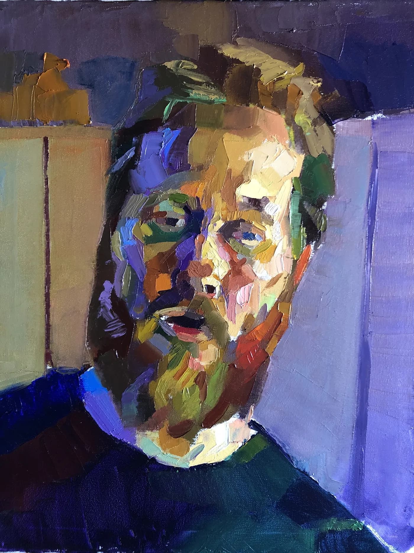 Painted portrait built from blocks of high-key color — a looser, more personal handling.