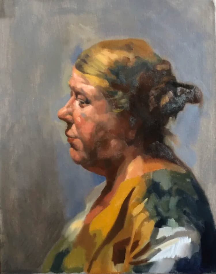 Painted profile portrait of a woman in a patterned headscarf and jacket.