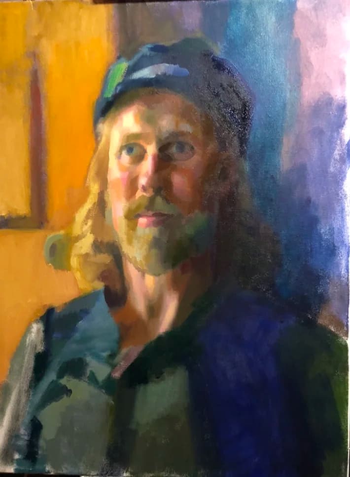 Painted portrait of a bearded man in a cap, built from broad strokes of orange, blue and green.
