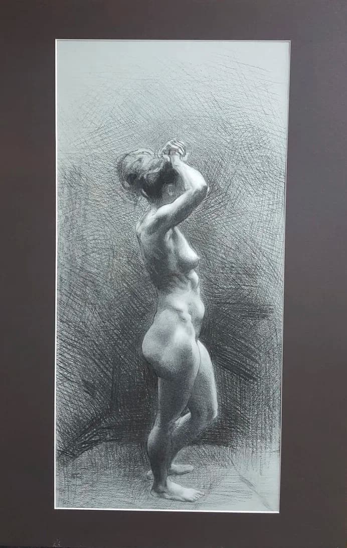Graphite study of a standing figure with both arms raised to her hair, on a dark mount.