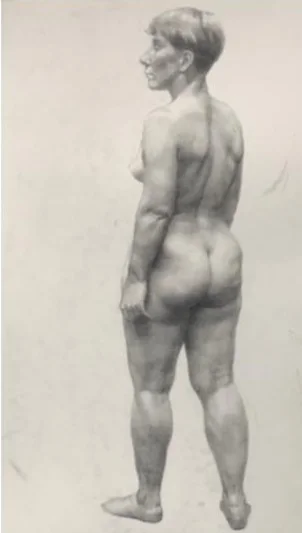 Graphite study of a standing male figure seen from behind, weight on one leg.