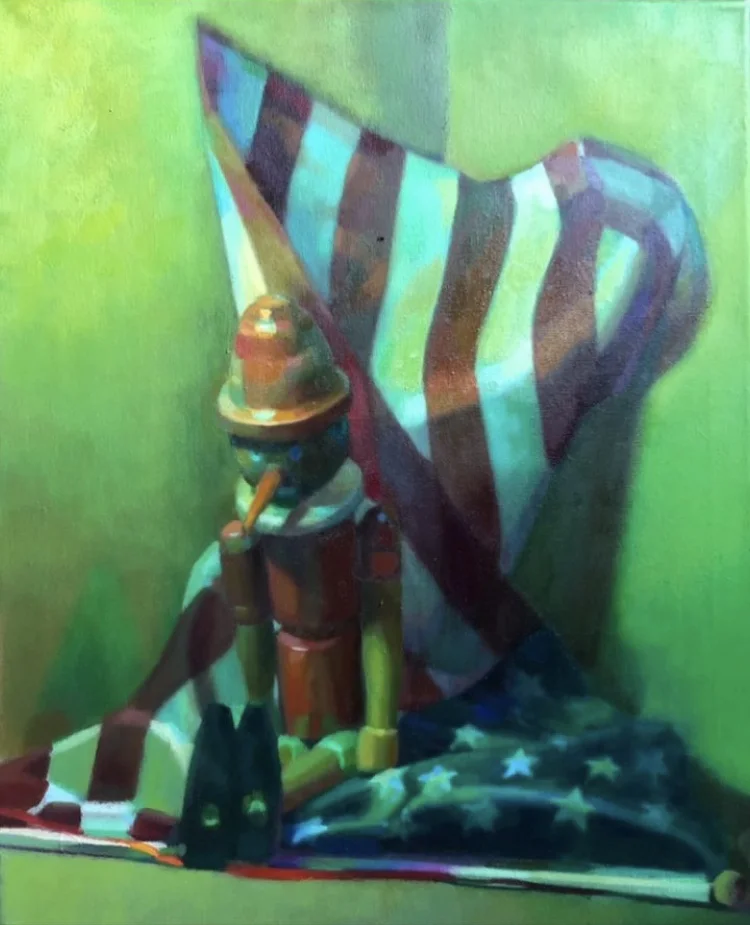 Still life painting in high-key greens: a striped flag hung behind a turned wooden form.