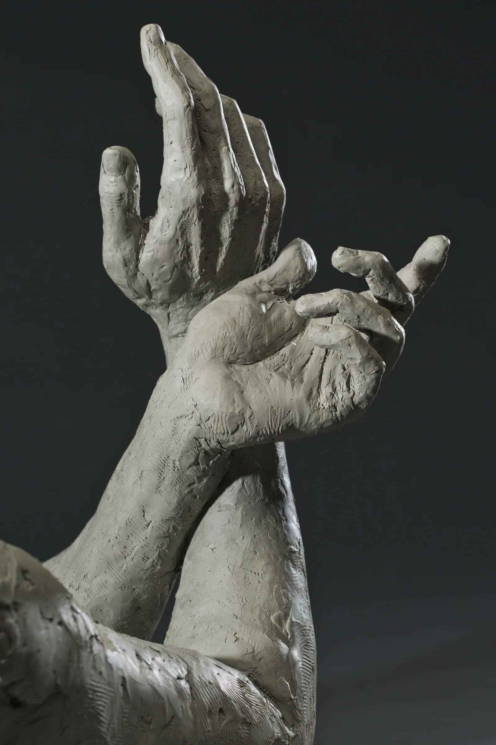 Sculpted study of two hands, lit sharply from one side against a dark ground.