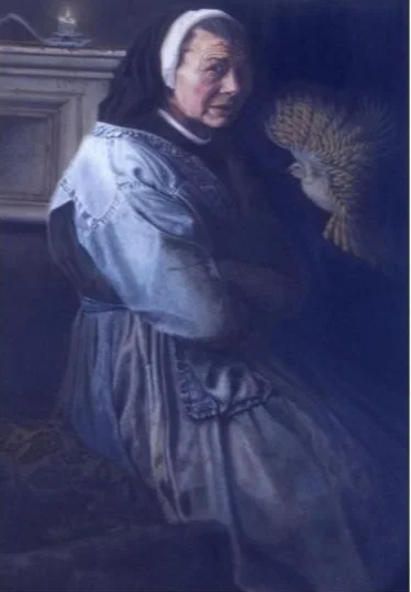 Painting of a woman in a blue dress and white cap holding a fan, against a dark interior.