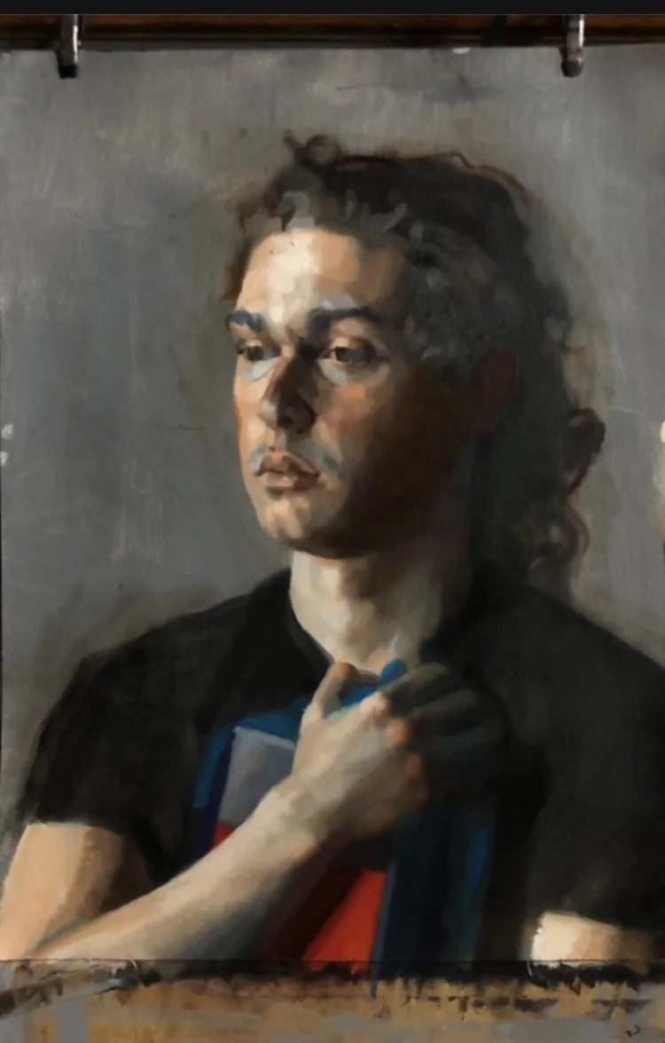 Painted portrait of a young man in a dark t-shirt, one hand raised to his collar.